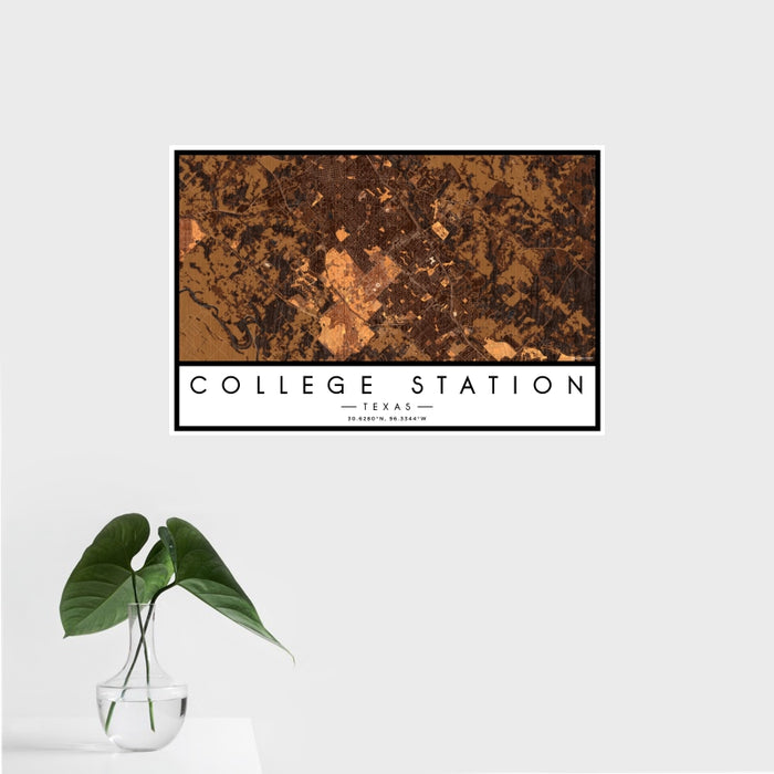 16x24 College Station Texas Map Print Landscape Orientation in Ember Style With Tropical Plant Leaves in Water