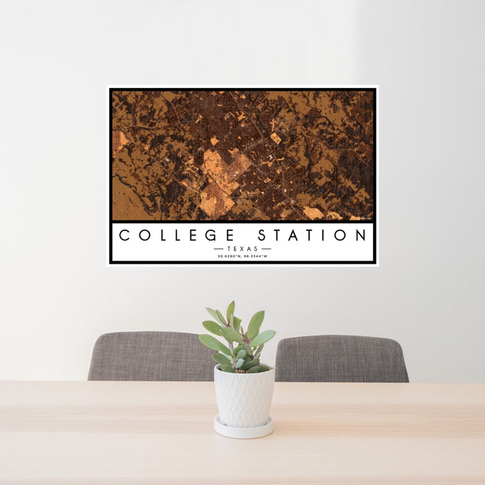 24x36 College Station Texas Map Print Landscape Orientation in Ember Style Behind 2 Chairs Table and Potted Plant