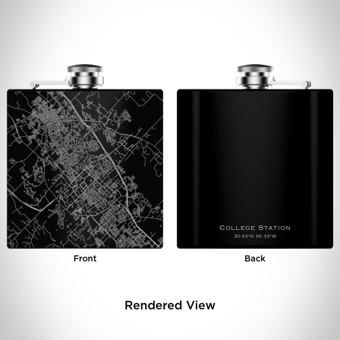 Rendered View of College Station Texas Map Engraving on 6oz Stainless Steel Flask in Black