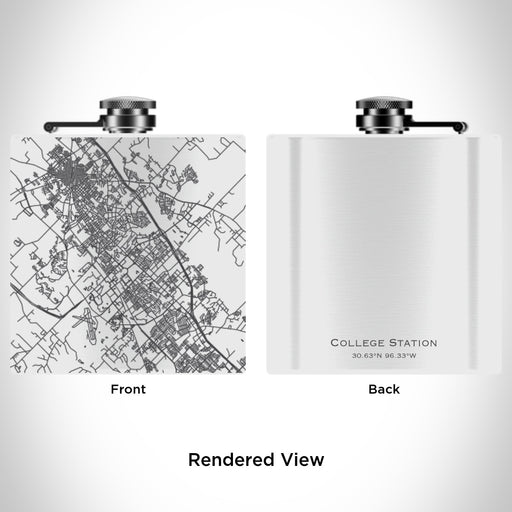 Rendered View of College Station Texas Map Engraving on 6oz Stainless Steel Flask in White