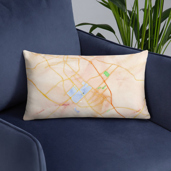 Custom College Station Texas Map Throw Pillow in Watercolor on Blue Colored Chair
