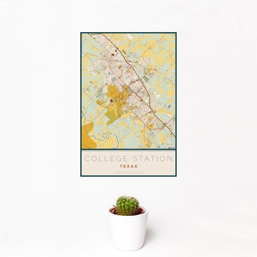 12x18 College Station Texas Map Print Portrait Orientation in Woodblock Style With Small Cactus Plant in White Planter