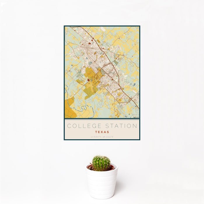 12x18 College Station Texas Map Print Portrait Orientation in Woodblock Style With Small Cactus Plant in White Planter