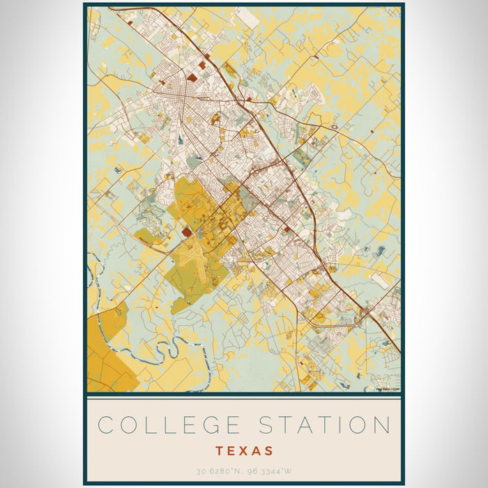 College Station Texas Map Print Portrait Orientation in Woodblock Style With Shaded Background