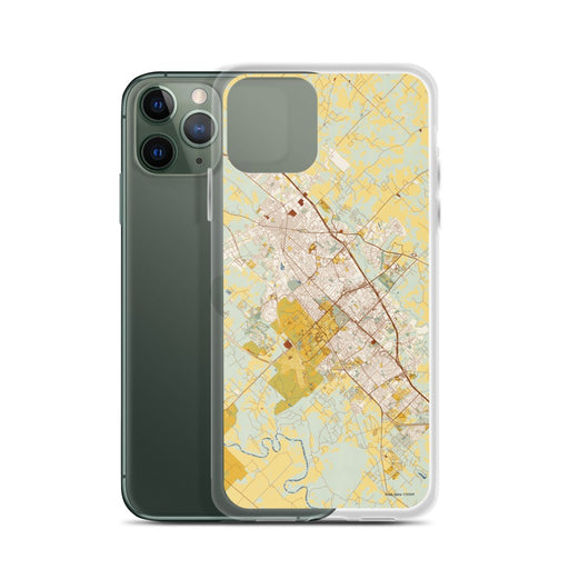 Custom College Station Texas Map Phone Case in Woodblock on Table with Laptop and Plant