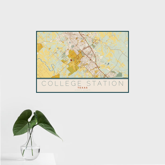 16x24 College Station Texas Map Print Landscape Orientation in Woodblock Style With Tropical Plant Leaves in Water