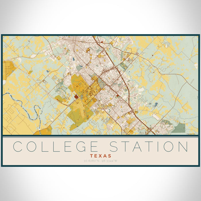 College Station Texas Map Print Landscape Orientation in Woodblock Style With Shaded Background