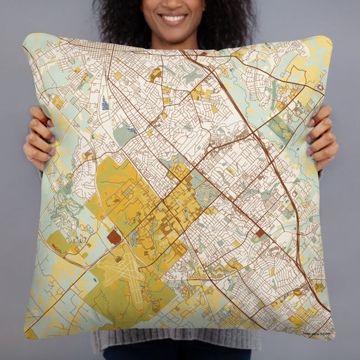 Person holding 22x22 Custom College Station Texas Map Throw Pillow in Woodblock
