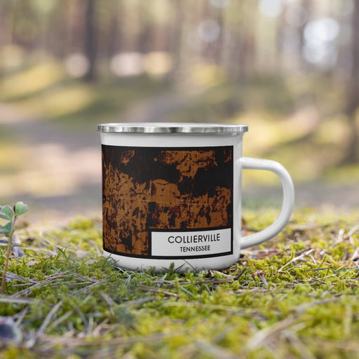 Right View Custom Collierville Tennessee Map Enamel Mug in Ember on Grass With Trees in Background