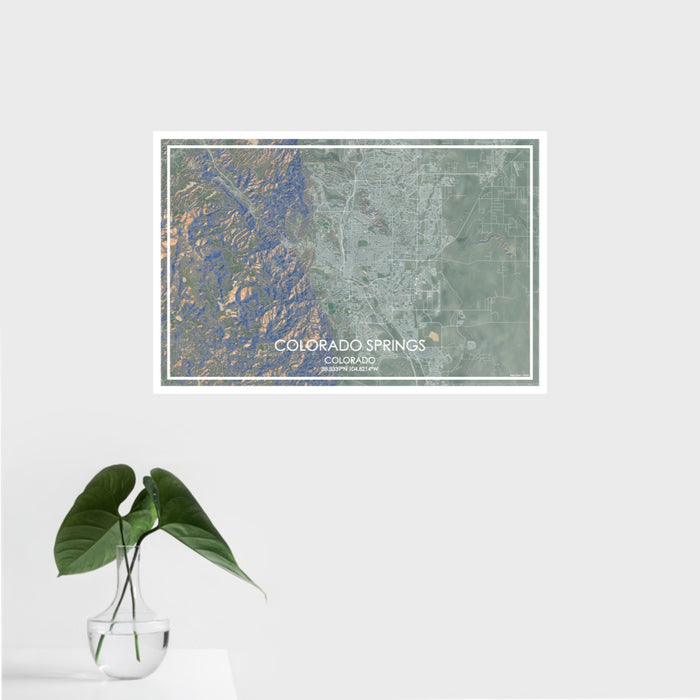 16x24 Colorado Springs Colorado Map Print Landscape Orientation in Afternoon Style With Tropical Plant Leaves in Water