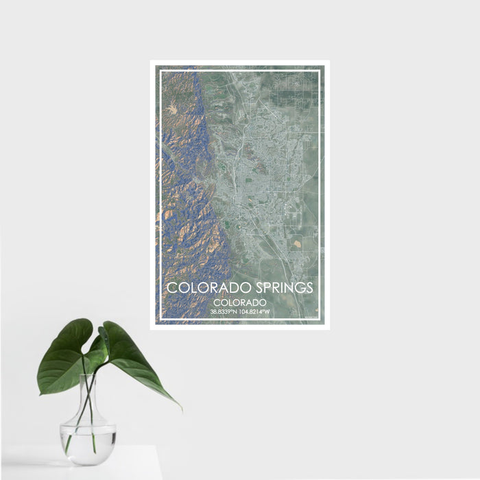 16x24 Colorado Springs Colorado Map Print Portrait Orientation in Afternoon Style With Tropical Plant Leaves in Water