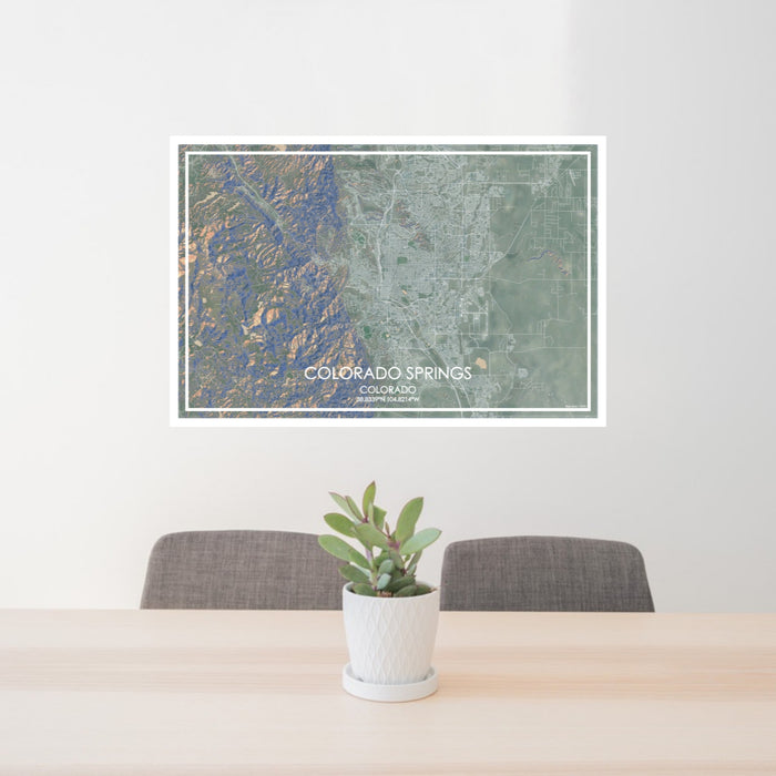 24x36 Colorado Springs Colorado Map Print Lanscape Orientation in Afternoon Style Behind 2 Chairs Table and Potted Plant