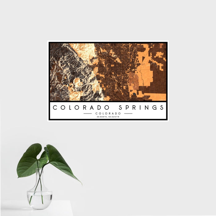 16x24 Colorado Springs Colorado Map Print Landscape Orientation in Ember Style With Tropical Plant Leaves in Water