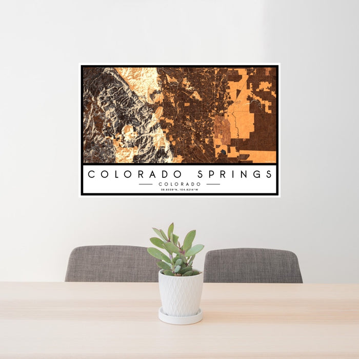 24x36 Colorado Springs Colorado Map Print Landscape Orientation in Ember Style Behind 2 Chairs Table and Potted Plant