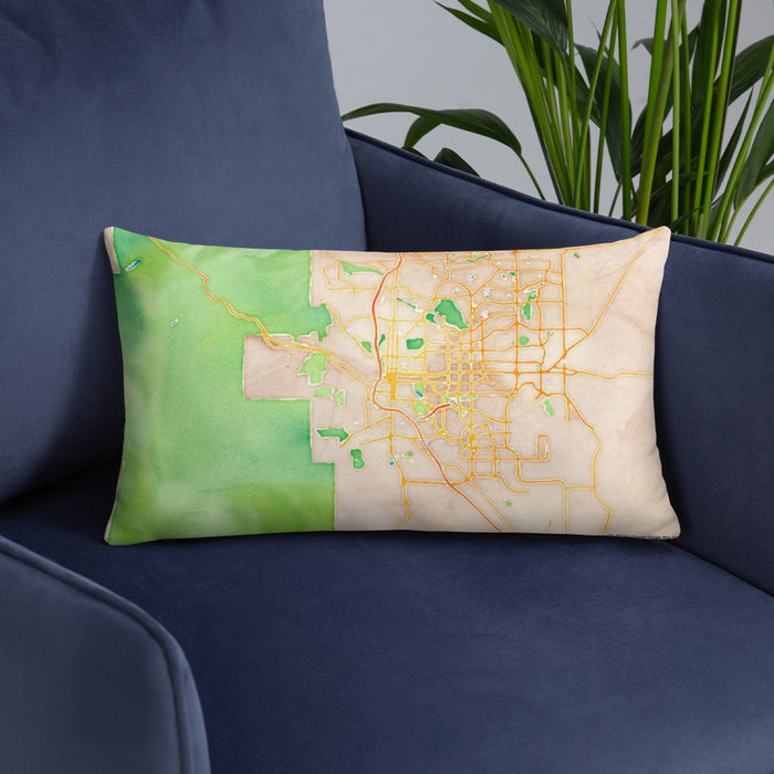 Custom Colorado Springs Colorado Map Throw Pillow in Watercolor on Blue Colored Chair