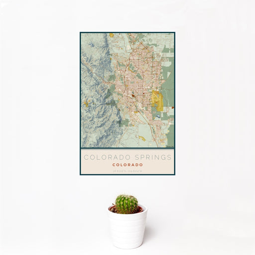 12x18 Colorado Springs Colorado Map Print Portrait Orientation in Woodblock Style With Small Cactus Plant in White Planter