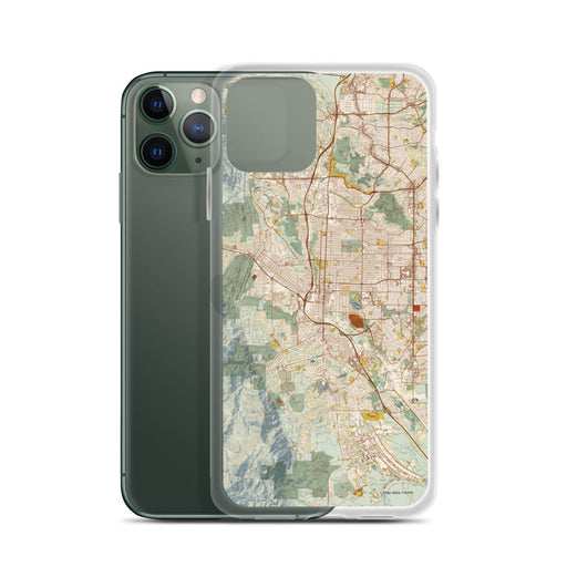 Custom Colorado Springs Colorado Map Phone Case in Woodblock on Table with Laptop and Plant