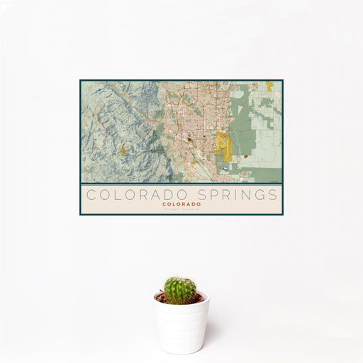 12x18 Colorado Springs Colorado Map Print Landscape Orientation in Woodblock Style With Small Cactus Plant in White Planter