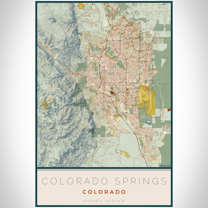 Colorado Springs Colorado Map Print Portrait Orientation in Woodblock Style With Shaded Background