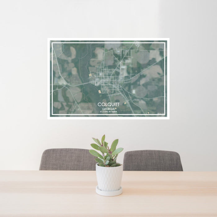 24x36 Colquitt Georgia Map Print Lanscape Orientation in Afternoon Style Behind 2 Chairs Table and Potted Plant
