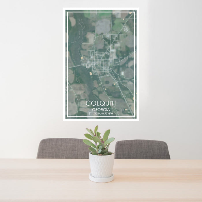 24x36 Colquitt Georgia Map Print Portrait Orientation in Afternoon Style Behind 2 Chairs Table and Potted Plant