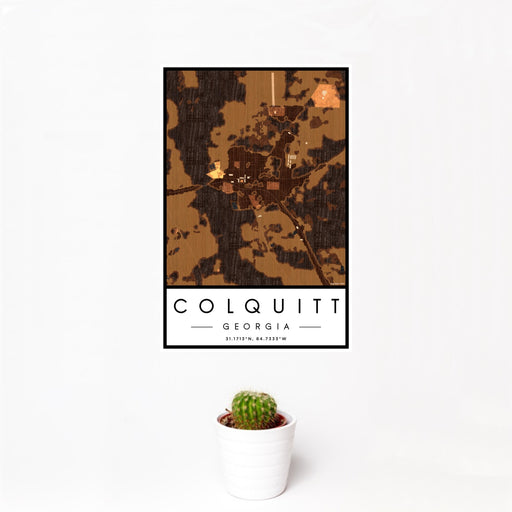 12x18 Colquitt Georgia Map Print Portrait Orientation in Ember Style With Small Cactus Plant in White Planter