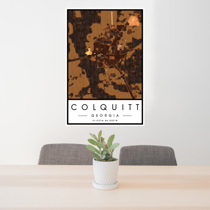 24x36 Colquitt Georgia Map Print Portrait Orientation in Ember Style Behind 2 Chairs Table and Potted Plant
