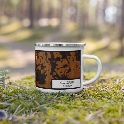 Right View Custom Colquitt Georgia Map Enamel Mug in Ember on Grass With Trees in Background
