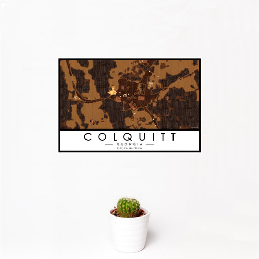 12x18 Colquitt Georgia Map Print Landscape Orientation in Ember Style With Small Cactus Plant in White Planter