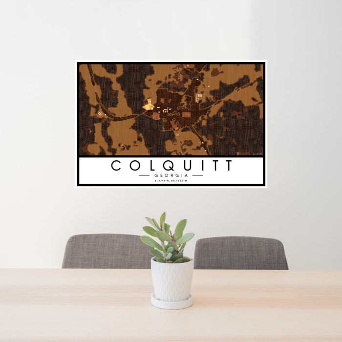 24x36 Colquitt Georgia Map Print Landscape Orientation in Ember Style Behind 2 Chairs Table and Potted Plant