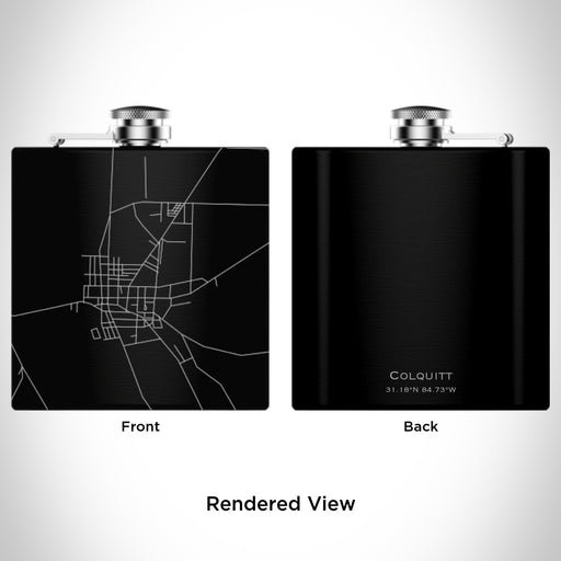 Rendered View of Colquitt Georgia Map Engraving on 6oz Stainless Steel Flask in Black