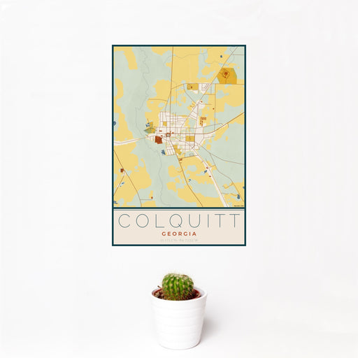 12x18 Colquitt Georgia Map Print Portrait Orientation in Woodblock Style With Small Cactus Plant in White Planter