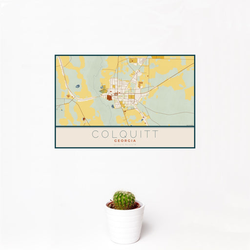 12x18 Colquitt Georgia Map Print Landscape Orientation in Woodblock Style With Small Cactus Plant in White Planter