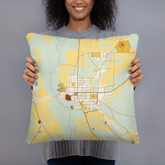 Person holding 18x18 Custom Colquitt Georgia Map Throw Pillow in Woodblock
