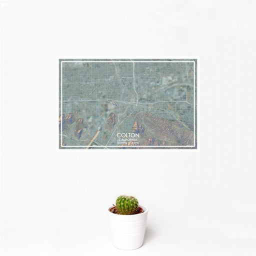 12x18 Colton California Map Print Landscape Orientation in Afternoon Style With Small Cactus Plant in White Planter