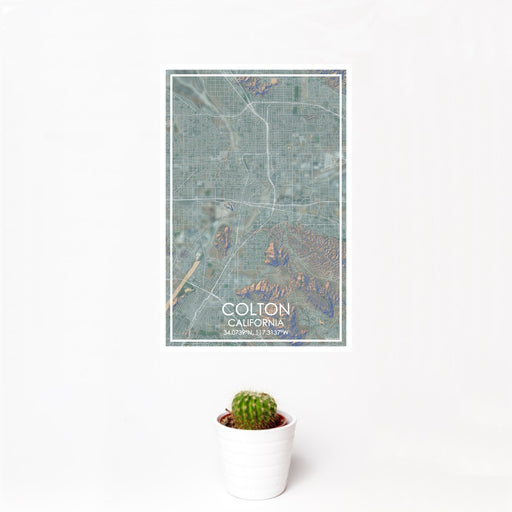 12x18 Colton California Map Print Portrait Orientation in Afternoon Style With Small Cactus Plant in White Planter