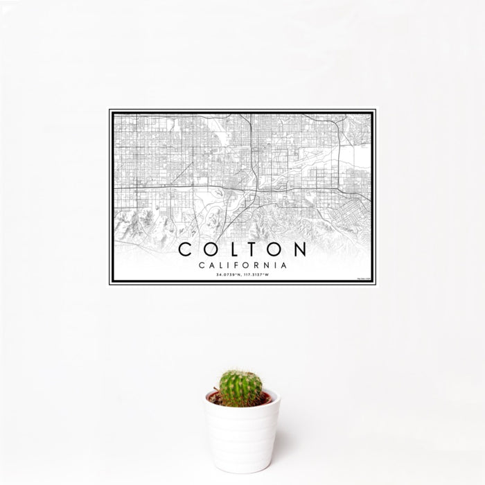 12x18 Colton California Map Print Landscape Orientation in Classic Style With Small Cactus Plant in White Planter
