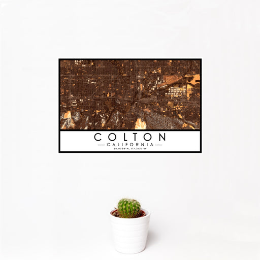 12x18 Colton California Map Print Landscape Orientation in Ember Style With Small Cactus Plant in White Planter