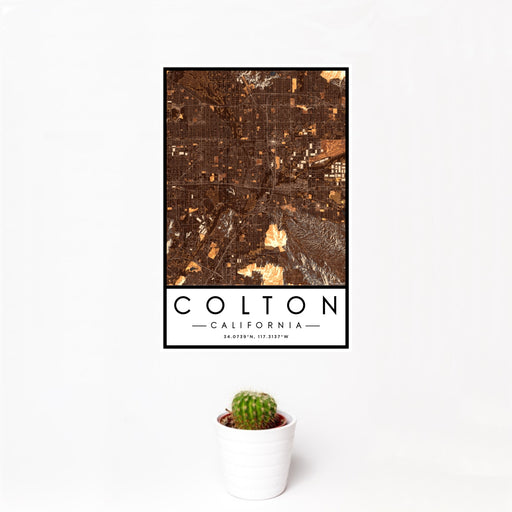 12x18 Colton California Map Print Portrait Orientation in Ember Style With Small Cactus Plant in White Planter