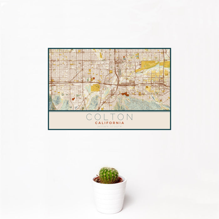 12x18 Colton California Map Print Landscape Orientation in Woodblock Style With Small Cactus Plant in White Planter