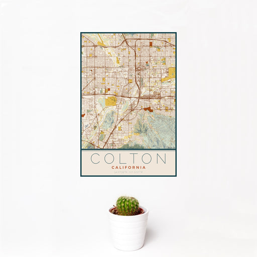 12x18 Colton California Map Print Portrait Orientation in Woodblock Style With Small Cactus Plant in White Planter