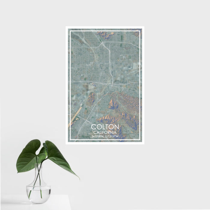 16x24 Colton California Map Print Portrait Orientation in Afternoon Style With Tropical Plant Leaves in Water