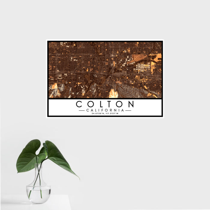 16x24 Colton California Map Print Landscape Orientation in Ember Style With Tropical Plant Leaves in Water