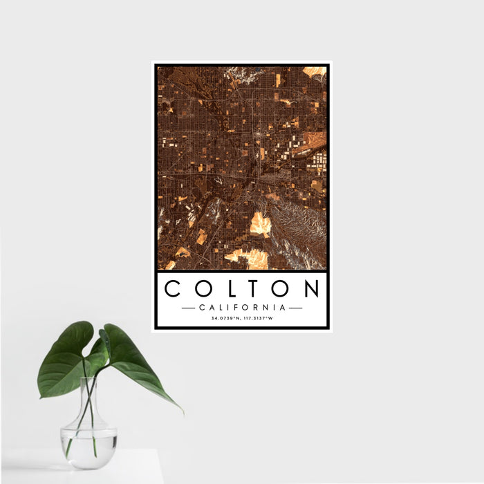 16x24 Colton California Map Print Portrait Orientation in Ember Style With Tropical Plant Leaves in Water