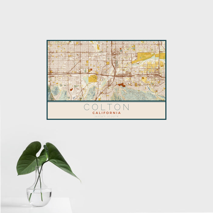 16x24 Colton California Map Print Landscape Orientation in Woodblock Style With Tropical Plant Leaves in Water