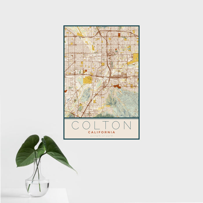 16x24 Colton California Map Print Portrait Orientation in Woodblock Style With Tropical Plant Leaves in Water