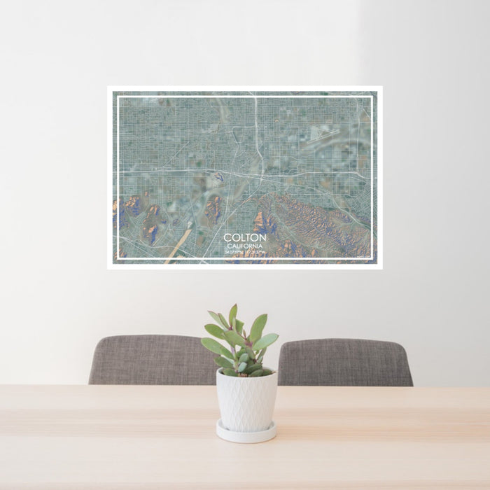 24x36 Colton California Map Print Lanscape Orientation in Afternoon Style Behind 2 Chairs Table and Potted Plant