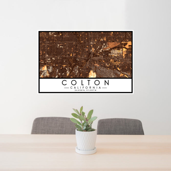 24x36 Colton California Map Print Lanscape Orientation in Ember Style Behind 2 Chairs Table and Potted Plant