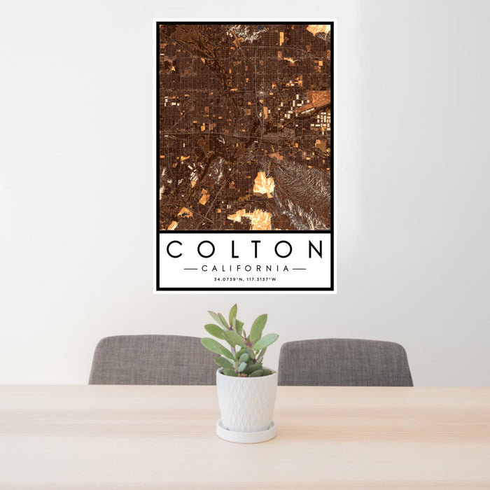 24x36 Colton California Map Print Portrait Orientation in Ember Style Behind 2 Chairs Table and Potted Plant