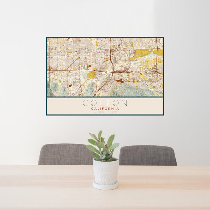 24x36 Colton California Map Print Lanscape Orientation in Woodblock Style Behind 2 Chairs Table and Potted Plant